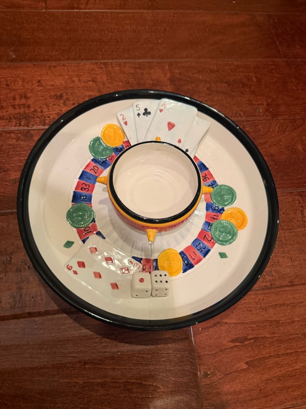 Casino Roulette Wheel Dice Cards Poker Chips and Dip Plate VTG Lillian Vernon